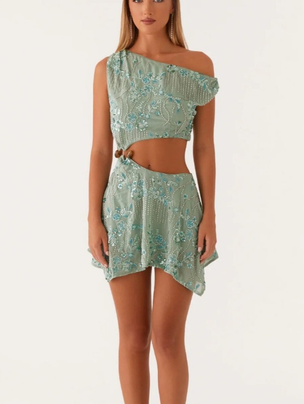 NWT Peppermayo Aletta Sequin One Shoulder Mini Dress Green Fairy Whimsy 4 S M - Picture 5 of 12